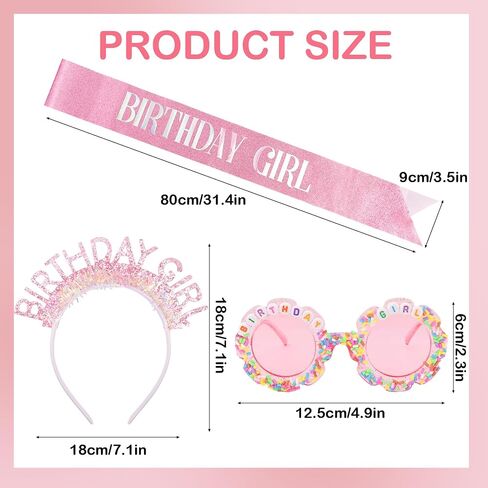 3Pcs Pink Birthday Girl Sash Headband Crown Round Flower Sunglasses Glasses Set for Women Girls Cute Birthday Party Accessories in Saudi Arabia