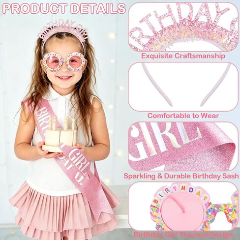 3Pcs Pink Birthday Girl Sash Headband Crown Round Flower Sunglasses Glasses Set for Women Girls Cute Birthday Party Accessories in Saudi Arabia