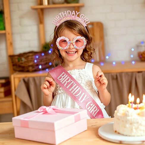 3Pcs Pink Birthday Girl Sash Headband Crown Round Flower Sunglasses Glasses Set for Women Girls Cute Birthday Party Accessories in Saudi Arabia