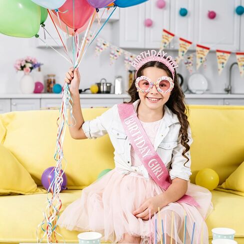 3Pcs Pink Birthday Girl Sash Headband Crown Round Flower Sunglasses Glasses Set for Women Girls Cute Birthday Party Accessories in Saudi Arabia