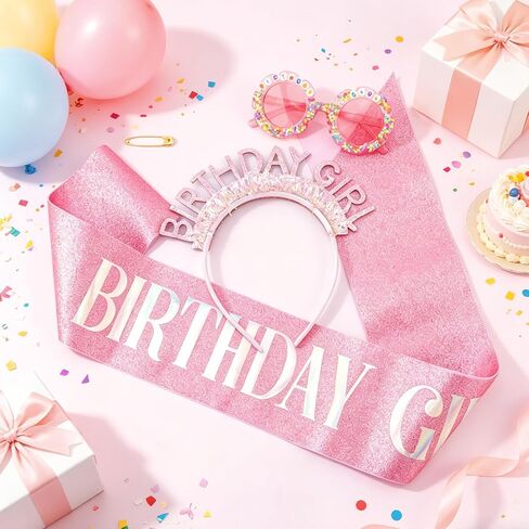 3Pcs Pink Birthday Girl Sash Headband Crown Round Flower Sunglasses Glasses Set for Women Girls Cute Birthday Party Accessories in Saudi Arabia