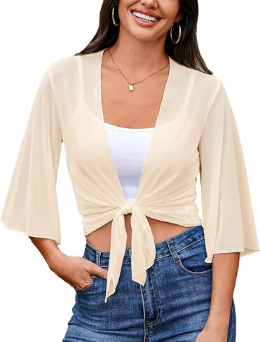 Quenteen Women's Bolero Shrug Cardigan Tie Open Front 3/4 Sleeve Cropped Top Short Lightweight Jacket for Dresses in Saudi Arabia