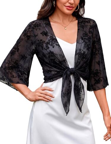 Quenteen Women's Bolero Shrug Cardigan Tie Open Front 3/4 Sleeve Cropped Top Short Lightweight Jacket for Dresses in Saudi Arabia