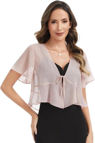 Women Shiny Chiffon Shrug Tie Front Tops for Dress Sheer Short Sleeve Bolero Cardigan in Saudi Arabia