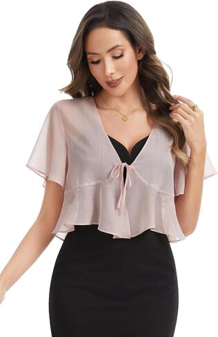 Women Shiny Chiffon Shrug Tie Front Tops for Dress Sheer Short Sleeve Bolero Cardigan in Saudi Arabia