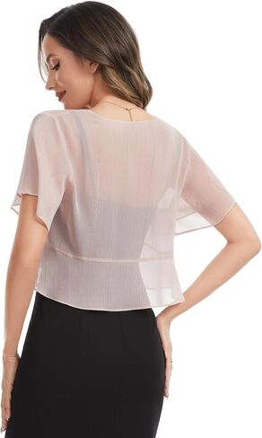 Women Shiny Chiffon Shrug Tie Front Tops for Dress Sheer Short Sleeve Bolero Cardigan in Saudi Arabia