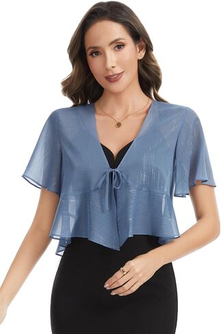 Women Shiny Chiffon Shrug Tie Front Tops for Dress Sheer Short Sleeve Bolero Cardigan in Saudi Arabia