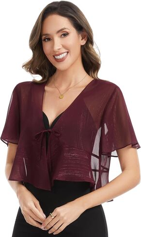 Women Shiny Chiffon Shrug Tie Front Tops for Dress Sheer Short Sleeve Bolero Cardigan in Saudi Arabia