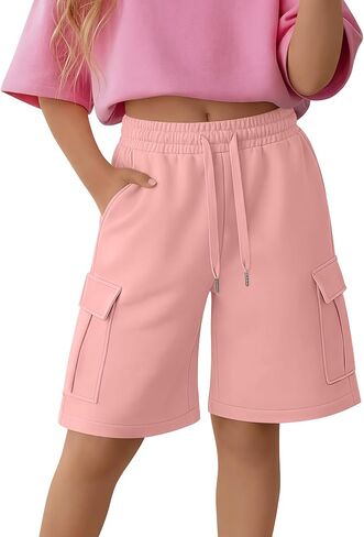 Halfchet Girl's Wide Leg Bermuda Shorts Cargo Casual Uniform Shorts Drawstring Summer Bottoms with Pockets Back to School in Kuwait