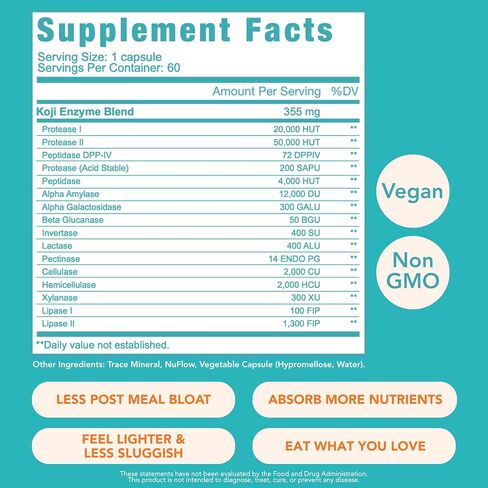 Koji Digestive Enzymes - Supplement for Bloating Relief for Women & Men, Nutrient Absorption & Gut Health Support, Breaks Down Protein, Carbs & Fats, 60 Capsules (30-Day Supply) in Saudi Arabia