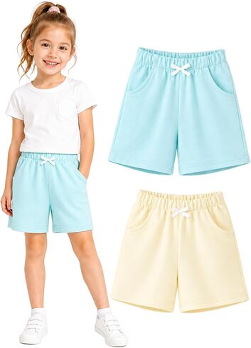 HILEELANG Girls Cotton Shorts 2 Pack, Pull-On Casual Shorts with Pockets for Toddler Little Girls Summer Playwear 2-7Y in Kuwait