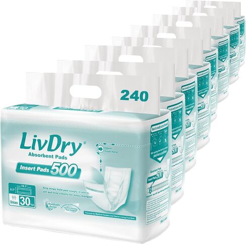 LivDry Incontinence Pad Inserts for Women and Men, 24 oz High Absorbency, Long Length Booster with Leak Guards for All Day and Overnight Protection (30 Count) in Saudi Arabia