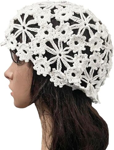 Women Lace Crochet Skull Cap Cutout Floral Beanie Handmade Knitted Hat in Kuwait