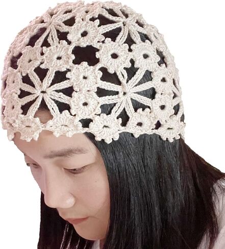 Women Lace Crochet Skull Cap Cutout Floral Beanie Handmade Knitted Hat in Kuwait