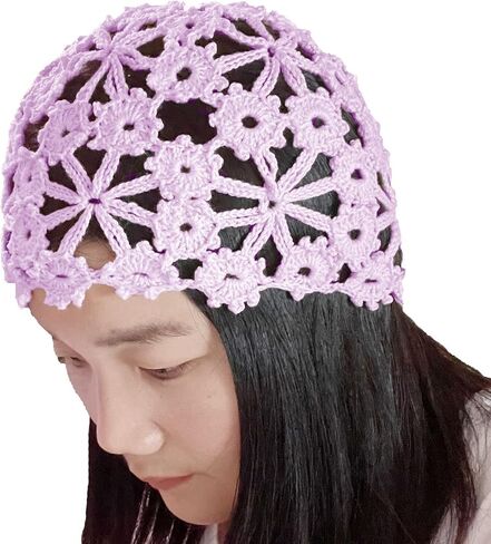 Women Lace Crochet Skull Cap Cutout Floral Beanie Handmade Knitted Hat in Kuwait
