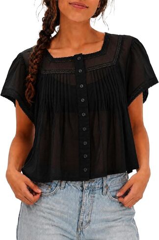 Boho Tops for Women 100% Cotton Lace Babydoll Tops Square Ruffled Flutter Sleeve Button Down Shirts for Summer Vacation in Saudi Arabia