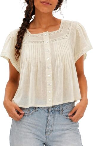 Boho Tops for Women 100% Cotton Lace Babydoll Tops Square Ruffled Flutter Sleeve Button Down Shirts for Summer Vacation in Saudi Arabia