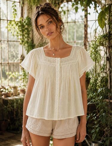 Boho Tops for Women 100% Cotton Lace Babydoll Tops Square Ruffled Flutter Sleeve Button Down Shirts for Summer Vacation in Saudi Arabia