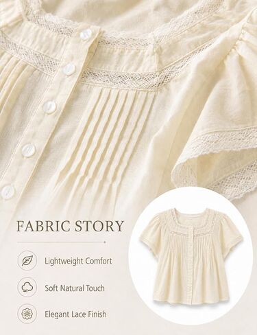 Boho Tops for Women 100% Cotton Lace Babydoll Tops Square Ruffled Flutter Sleeve Button Down Shirts for Summer Vacation in Saudi Arabia