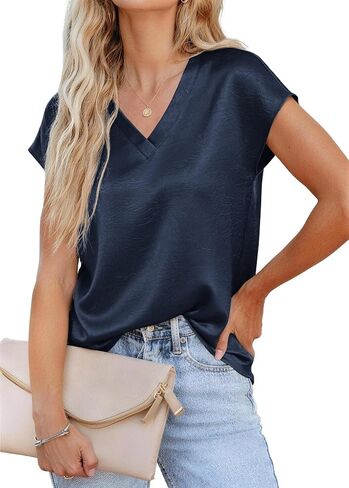 RUMIA Satin Blouses for Women Dressy Casual V Neck Cap Sleeve Shirts 2026 Summer Business Work Blouse Outfits Trendy in Kuwait