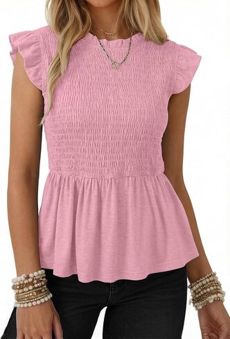 SHEWIN Womens Blouses Peplum Babydoll Summer Tops Ruffle Sleeve Dressy Casual Elegant Ladies Solid Shirts Spring Clothes in Kuwait