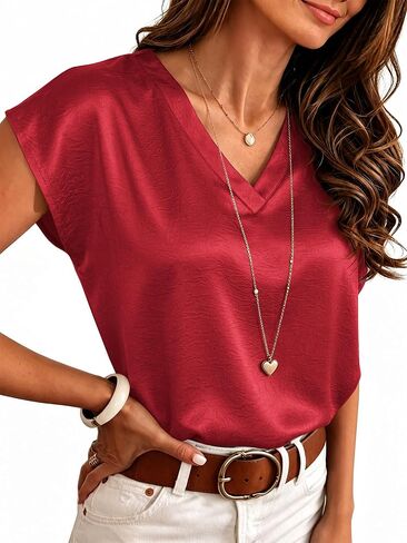 RUMIA Satin Blouses for Women Dressy Casual V Neck Cap Sleeve Shirts 2026 Summer Business Work Blouse Outfits Trendy in Kuwait
