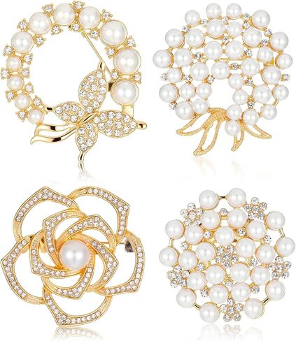 4 PCS Brooches and Pins for Women, Crystal Flower Pearl Brooch Fashion, Elegant Flower Broach for Wedding Clothing Accessory Christmas Gift in Saudi Arabia