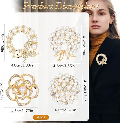 4 PCS Brooches and Pins for Women, Crystal Flower Pearl Brooch Fashion, Elegant Flower Broach for Wedding Clothing Accessory Christmas Gift in Saudi Arabia