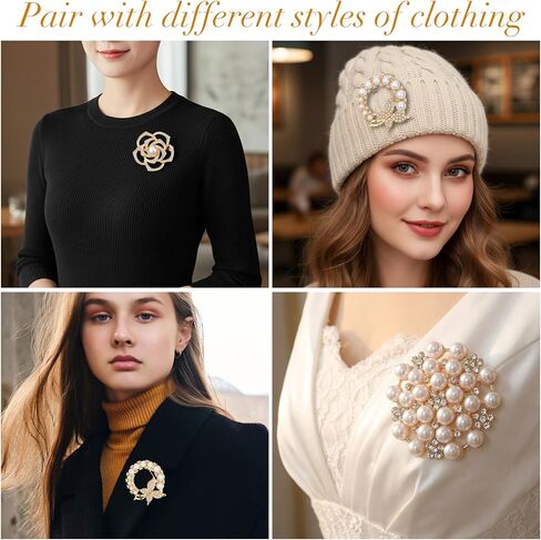 4 PCS Brooches and Pins for Women, Crystal Flower Pearl Brooch Fashion, Elegant Flower Broach for Wedding Clothing Accessory Christmas Gift in Saudi Arabia