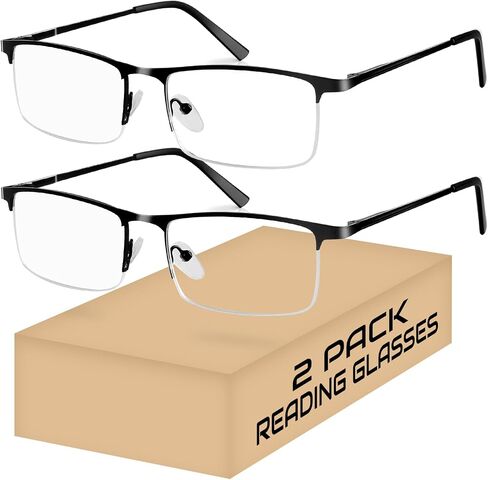 2 Pack Reading Glasses for Men, Lightweight Metal Half Frame Blue Light Blocking Computer Eyeglasses,Spring Hinges Anti Eyestrain/Glare/UV Readers(Black 1.0) in Saudi Arabia