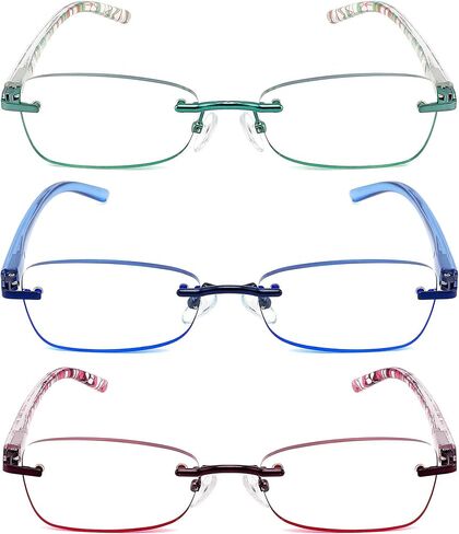 3 Pack Reading Glasses for Women Blue Light Blocking, Anti Eyestrain/UV 400 Filter Readers with Spring Hinge, Lightweight Rimless Tinted Metal Blue Rays Eyeglasses (200) in Saudi Arabia