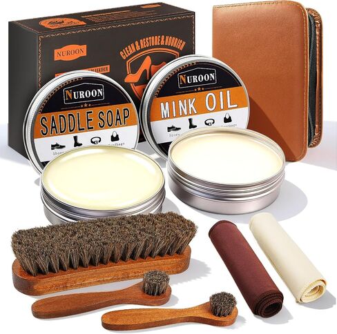 Nuroon Leather Boots Care Kit-3.52oz Saddle Soap+3.52oz Mink Oil for Leather Shoes Cleaning and Leather Purse Shoes Polishing in Kuwait