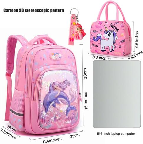Kids Backpack Set with Lunch Box And Pencil Case Anti-Theft Combination Lock Toddler Backpack Mermaid 3D Printed Girls Backpack Kids Backpack15x 12x 7inches (Pink) in Saudi Arabia