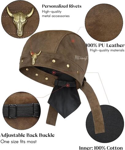 Brown Leather Skull Cap for Women - Adjustable Biker Cap, Soft Motorcycle Skull Cap, One Size Fits Most, Black Leather Biker Hat for Party & Daily Wear in Kuwait