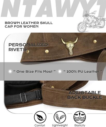 Brown Leather Skull Cap for Women - Adjustable Biker Cap, Soft Motorcycle Skull Cap, One Size Fits Most, Black Leather Biker Hat for Party & Daily Wear in Kuwait