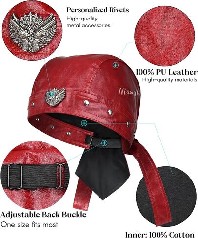 Bright Red Leather Skull Cap Adjustable - Soft Punk Biker Cap for Men Women, Classic Motorcycle Skull Cap Leather Biker Hat in Kuwait