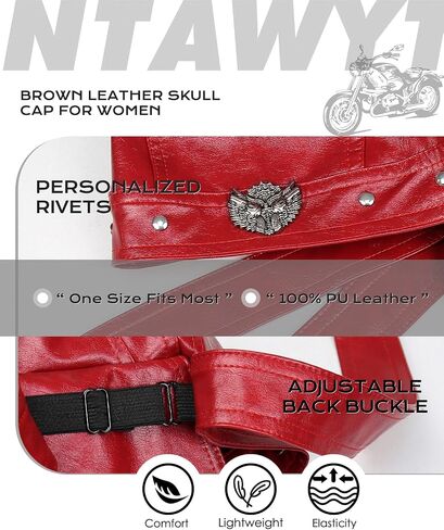 Bright Red Leather Skull Cap Adjustable - Soft Punk Biker Cap for Men Women, Classic Motorcycle Skull Cap Leather Biker Hat in Kuwait