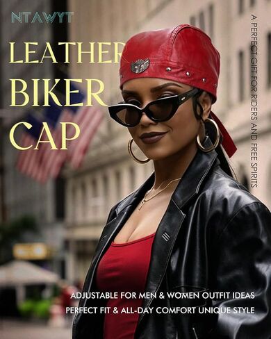 Bright Red Leather Skull Cap Adjustable - Soft Punk Biker Cap for Men Women, Classic Motorcycle Skull Cap Leather Biker Hat in Kuwait