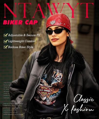 Bright Red Leather Skull Cap Adjustable - Soft Punk Biker Cap for Men Women, Classic Motorcycle Skull Cap Leather Biker Hat in Kuwait