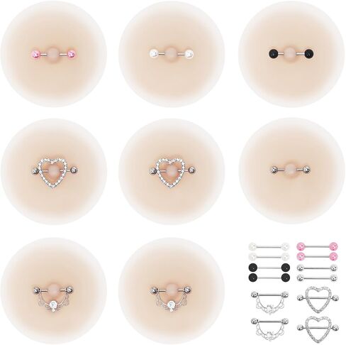 4 Pairs Silicone Nipple Covers with 6 Pairs Diamond Fake Piercing Rings, Self Adhesive Invisible Pasties, Reusable Waterproof Fake Nipple for Beach Pool Party Daily Summer Outfit Multicolor in Saudi Arabia
