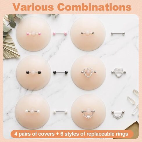 4 Pairs Silicone Nipple Covers with 6 Pairs Diamond Fake Piercing Rings, Self Adhesive Invisible Pasties, Reusable Waterproof Fake Nipple for Beach Pool Party Daily Summer Outfit Multicolor in Saudi Arabia
