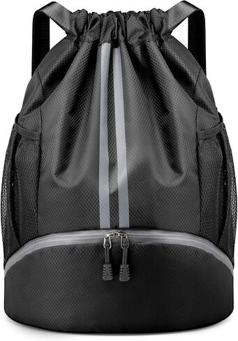 PinCute Drawstring Backpack for Women Men, Gym Bag for Soccer, Basketball, Swim, Beach, Water-Resistant Sports Backpack with Wet Pocket and Shoe Compartment, Black in Saudi Arabia