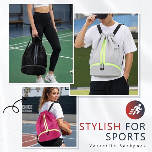 PinCute Drawstring Backpack for Women Men, Gym Bag for Soccer, Basketball, Swim, Beach, Water-Resistant Sports Backpack with Wet Pocket and Shoe Compartment, Black in Saudi Arabia