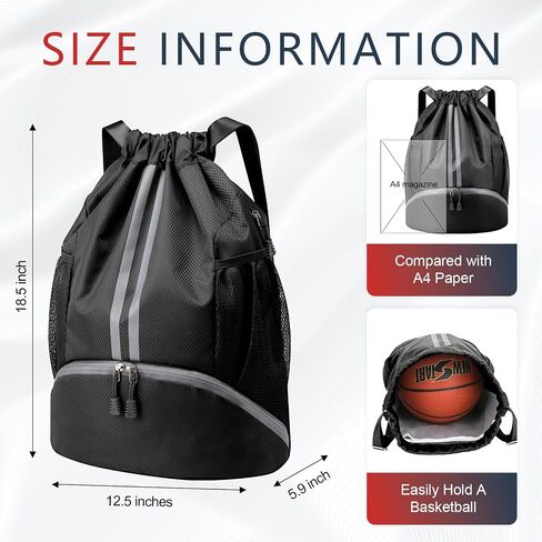 PinCute Drawstring Backpack for Women Men, Gym Bag for Soccer, Basketball, Swim, Beach, Water-Resistant Sports Backpack with Wet Pocket and Shoe Compartment, Black in Saudi Arabia