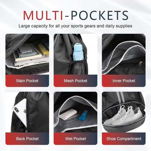 PinCute Drawstring Backpack for Women Men, Gym Bag for Soccer, Basketball, Swim, Beach, Water-Resistant Sports Backpack with Wet Pocket and Shoe Compartment, Black in Saudi Arabia