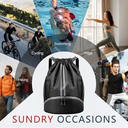PinCute Drawstring Backpack for Women Men, Gym Bag for Soccer, Basketball, Swim, Beach, Water-Resistant Sports Backpack with Wet Pocket and Shoe Compartment, Black in Saudi Arabia