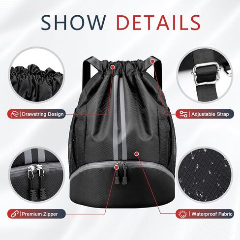PinCute Drawstring Backpack for Women Men, Gym Bag for Soccer, Basketball, Swim, Beach, Water-Resistant Sports Backpack with Wet Pocket and Shoe Compartment, Black in Saudi Arabia