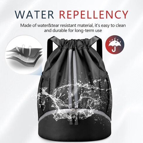 PinCute Drawstring Backpack for Women Men, Gym Bag for Soccer, Basketball, Swim, Beach, Water-Resistant Sports Backpack with Wet Pocket and Shoe Compartment, Black in Saudi Arabia
