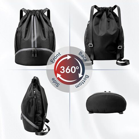 PinCute Drawstring Backpack for Women Men, Gym Bag for Soccer, Basketball, Swim, Beach, Water-Resistant Sports Backpack with Wet Pocket and Shoe Compartment, Black in Saudi Arabia