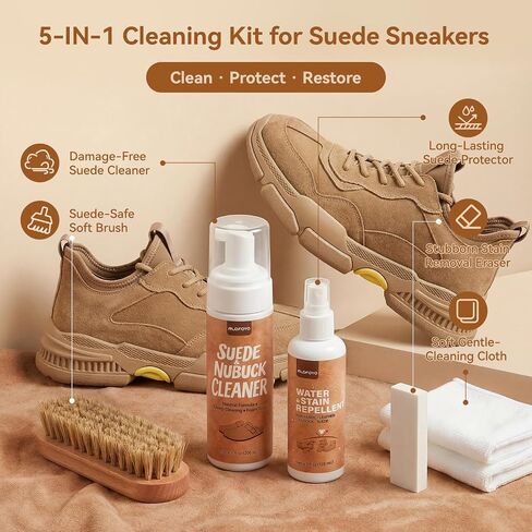 Suede Shoe Cleaner Kit for Sneakers, 5-in-1 Foam Shoe Cleaner and Spray Protector with Shoe Brush, Eraser & Towel, Effective for Suede Shoes, Birkenstock, Nubuck, Bags, Jackets, Hat, Couch in Saudi Arabia